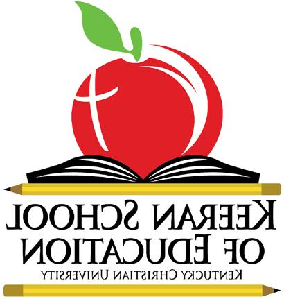 Logo of Keeran School of Education at Kentucky Christian University, featuring an apple, an open book, and two pencils.